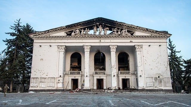 285021 the damaged drama theatre in mariupol is seen while